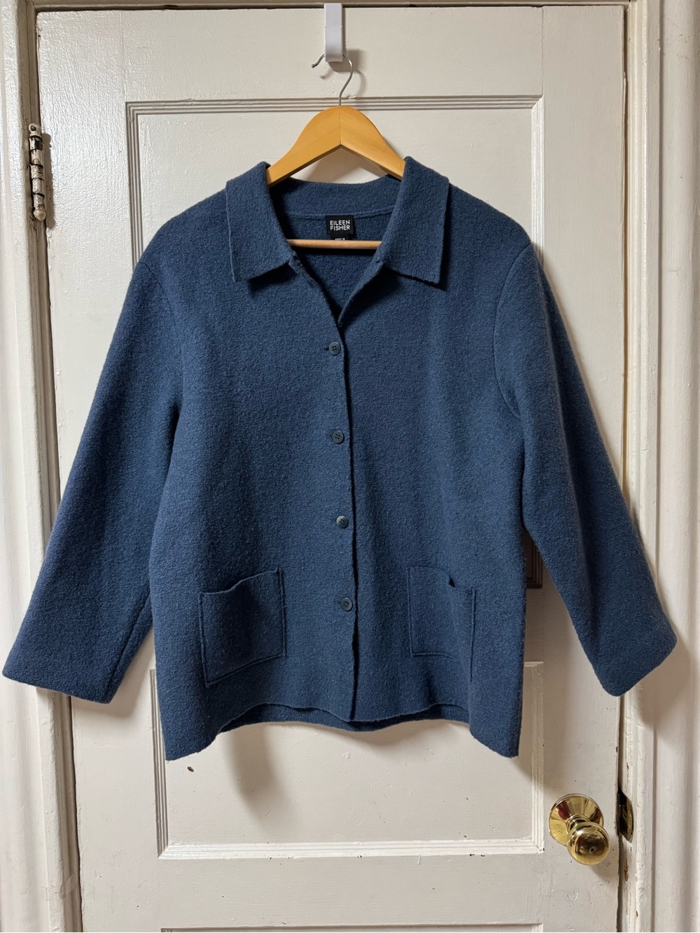 Eileen Fisher Deep Navy Button-Front Boiled Wool Jacket Size Medium